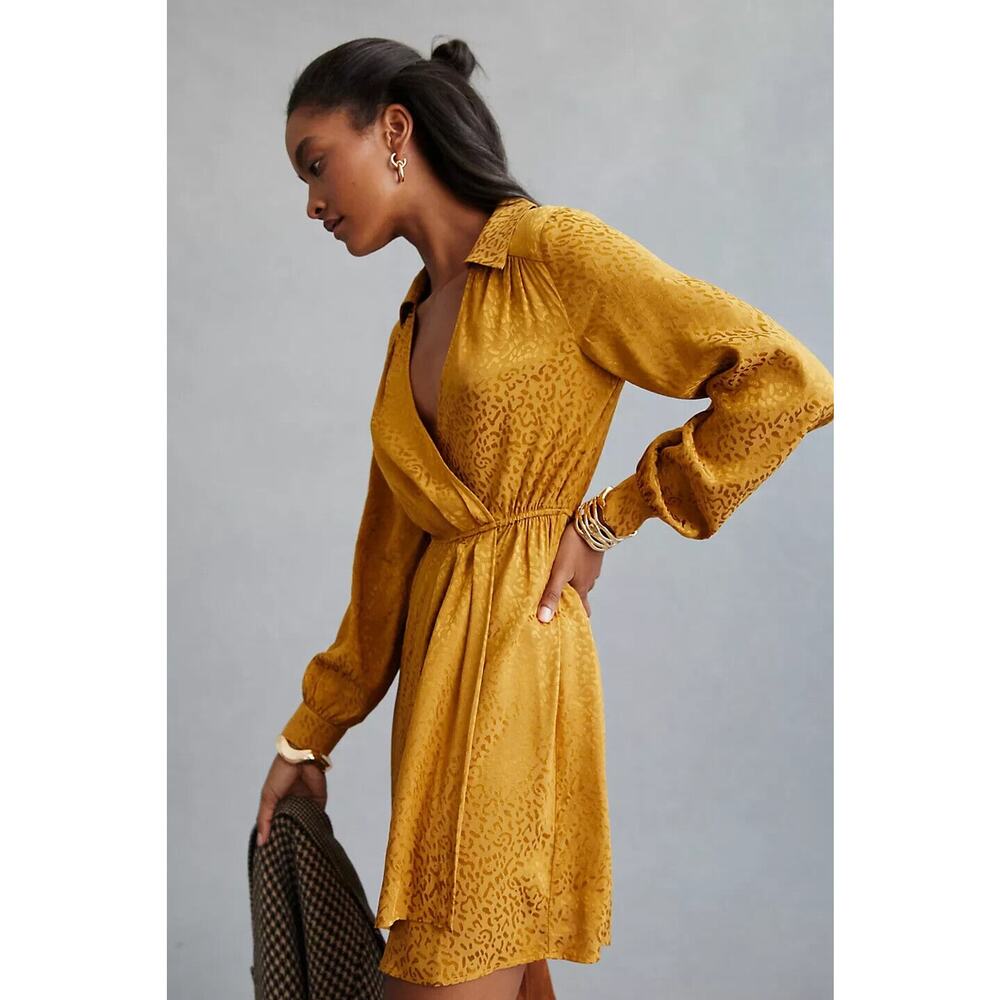 Anthropologie Long Sleeve Mini Dress Bronze Leopard Print Faux Wrap Size Small - Picture 16 of 16